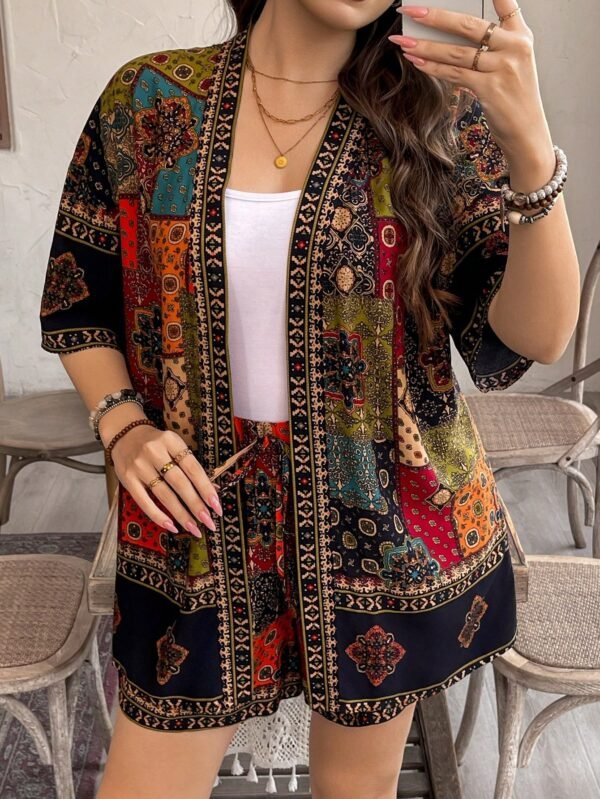 shein lune مجموعة قطعتين ملابس علوية كيمونو والشورت ذات طبعات زهور للنساء كبيرات الحجم، ملابس غربية للنساء بطراز بوهيمي وهيبي وكاوبوي، أزياء بوهيمية، ملابس صيفية للنساء، ملابس إجازة الربيع، أزياء صيفية عتيقة المال، أزياء إجازة الربيع للرقص 7