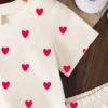طقم تي شيرت بأكمام قصيرة وشورت محبوك مع طباعة قلب، مناسب لأطفال البنات في عيد الحب 3