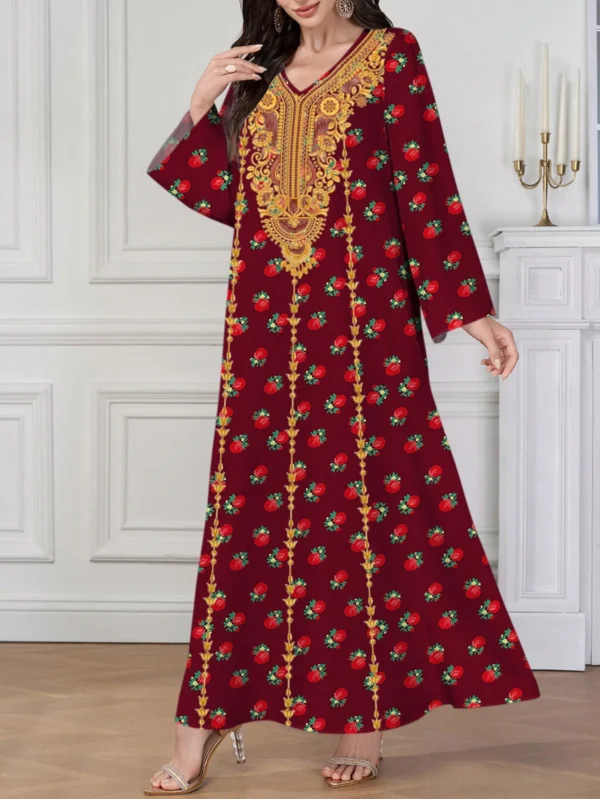 al najma رمضان فستان الأكمام الطويلة بياقة على شكل v مع طباعة إسلامية وعربية للنساء 11