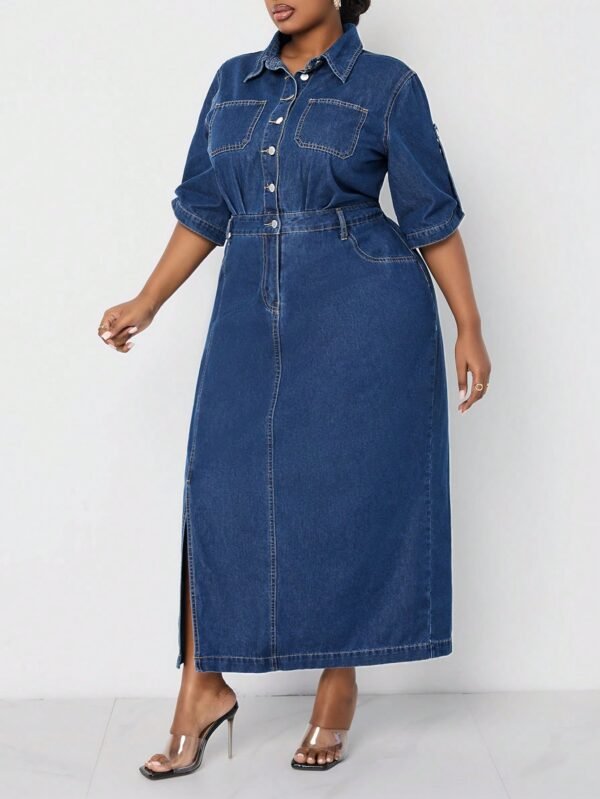 shein lady فستان جينز مقاس كبير قطعة واحدة، كاجول متوسط الأكمام، فستان طويل أزرق، ملابس صيفية للنساء، فساتين رومانسية، فساتين ربيعية للنساء، ملابس عادية للسيدات، ملابس الكاوبوي 3