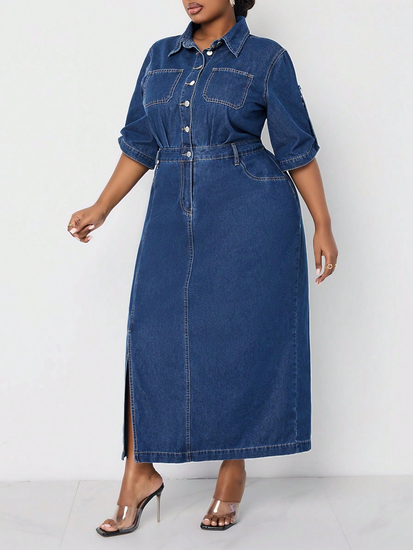 shein lady فستان جينز مقاس كبير قطعة واحدة، كاجول متوسط الأكمام، فستان طويل أزرق، ملابس صيفية للنساء، فساتين رومانسية، فساتين ربيعية للنساء، ملابس عادية للسيدات، ملابس الكاوبوي 3