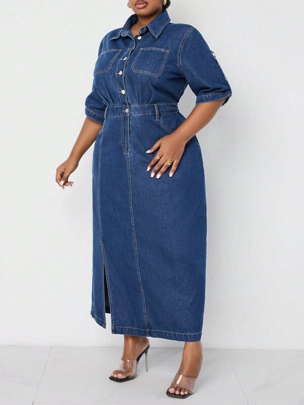 shein lady فستان جينز مقاس كبير قطعة واحدة، كاجول متوسط الأكمام، فستان طويل أزرق، ملابس صيفية للنساء، فساتين رومانسية، فساتين ربيعية للنساء، ملابس عادية للسيدات، ملابس الكاوبوي 4