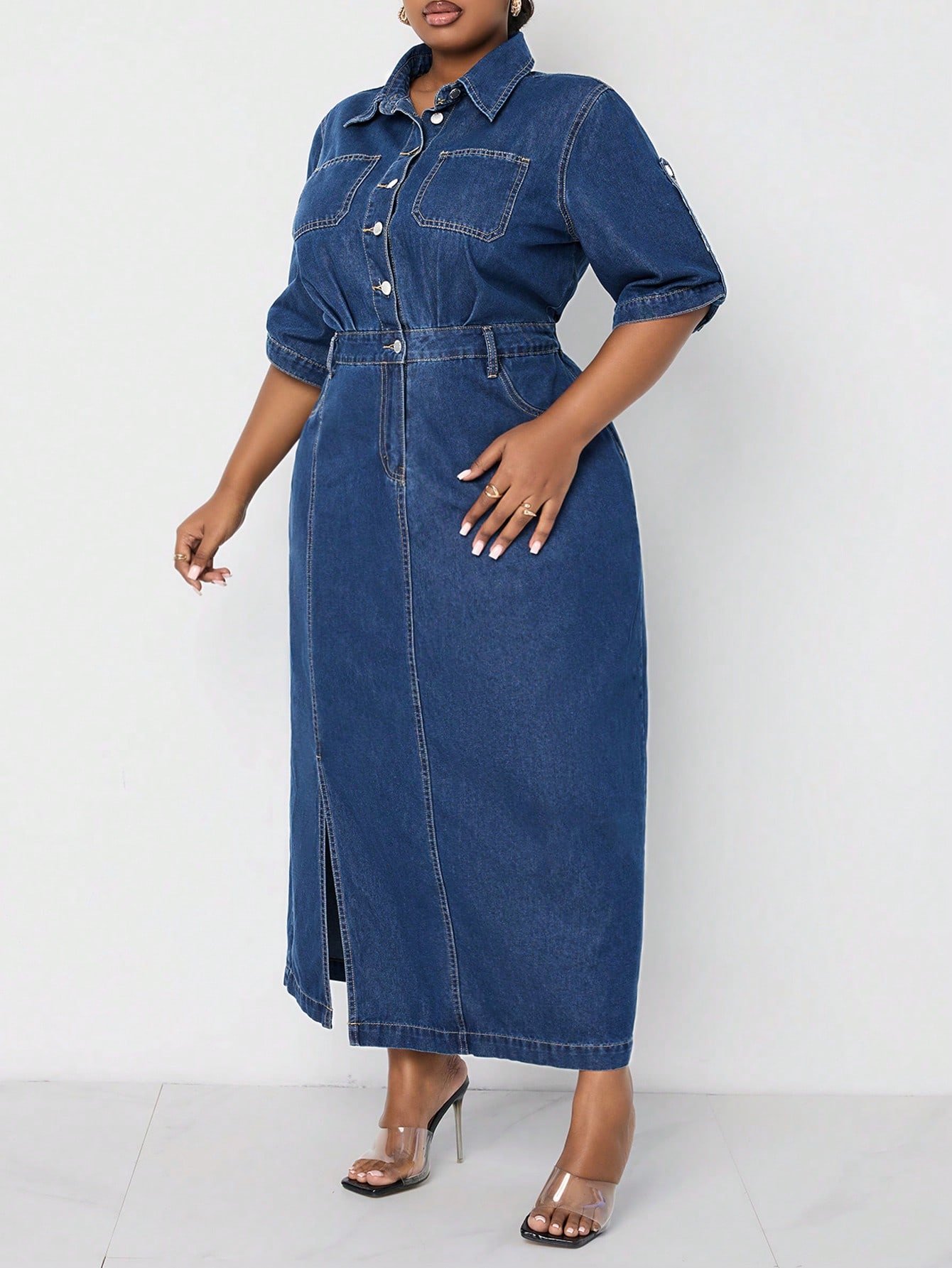 shein lady فستان جينز مقاس كبير قطعة واحدة، كاجول متوسط الأكمام، فستان طويل أزرق، ملابس صيفية للنساء، فساتين رومانسية، فساتين ربيعية للنساء، ملابس عادية للسيدات، ملابس الكاوبوي 4