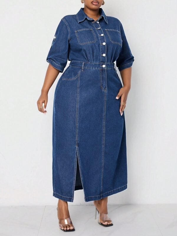 shein lady فستان جينز مقاس كبير قطعة واحدة، كاجول متوسط الأكمام، فستان طويل أزرق، ملابس صيفية للنساء، فساتين رومانسية، فساتين ربيعية للنساء، ملابس عادية للسيدات، ملابس الكاوبوي 5