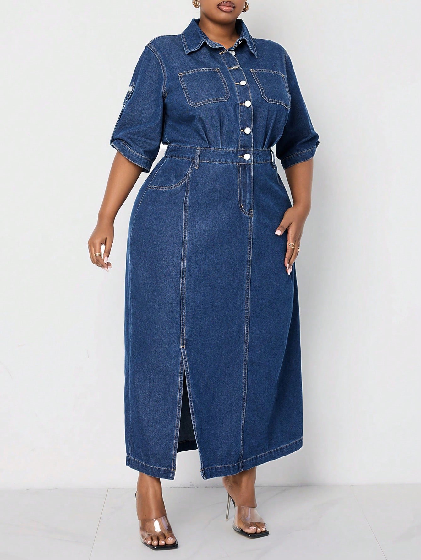 shein lady فستان جينز مقاس كبير قطعة واحدة، كاجول متوسط الأكمام، فستان طويل أزرق، ملابس صيفية للنساء، فساتين رومانسية، فساتين ربيعية للنساء، ملابس عادية للسيدات، ملابس الكاوبوي 5