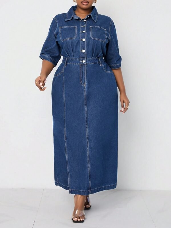 shein lady فستان جينز مقاس كبير قطعة واحدة، كاجول متوسط الأكمام، فستان طويل أزرق، ملابس صيفية للنساء، فساتين رومانسية، فساتين ربيعية للنساء، ملابس عادية للسيدات، ملابس الكاوبوي 6