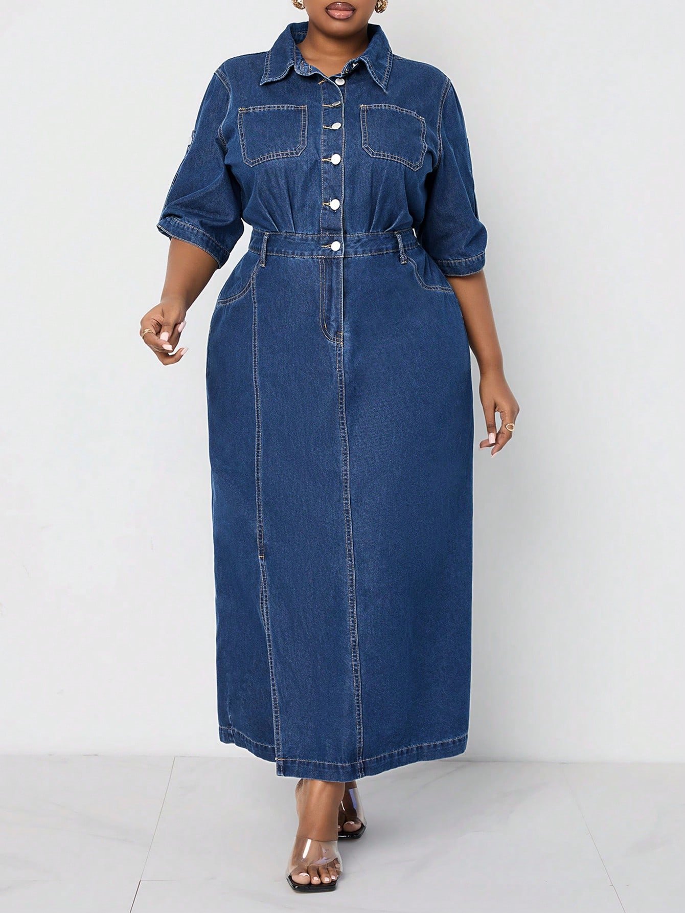 shein lady فستان جينز مقاس كبير قطعة واحدة، كاجول متوسط الأكمام، فستان طويل أزرق، ملابس صيفية للنساء، فساتين رومانسية، فساتين ربيعية للنساء، ملابس عادية للسيدات، ملابس الكاوبوي 6
