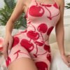 sweetslumber طقم بيجامات بحمالات وبرينت الكرز للسيدات بطراز ins