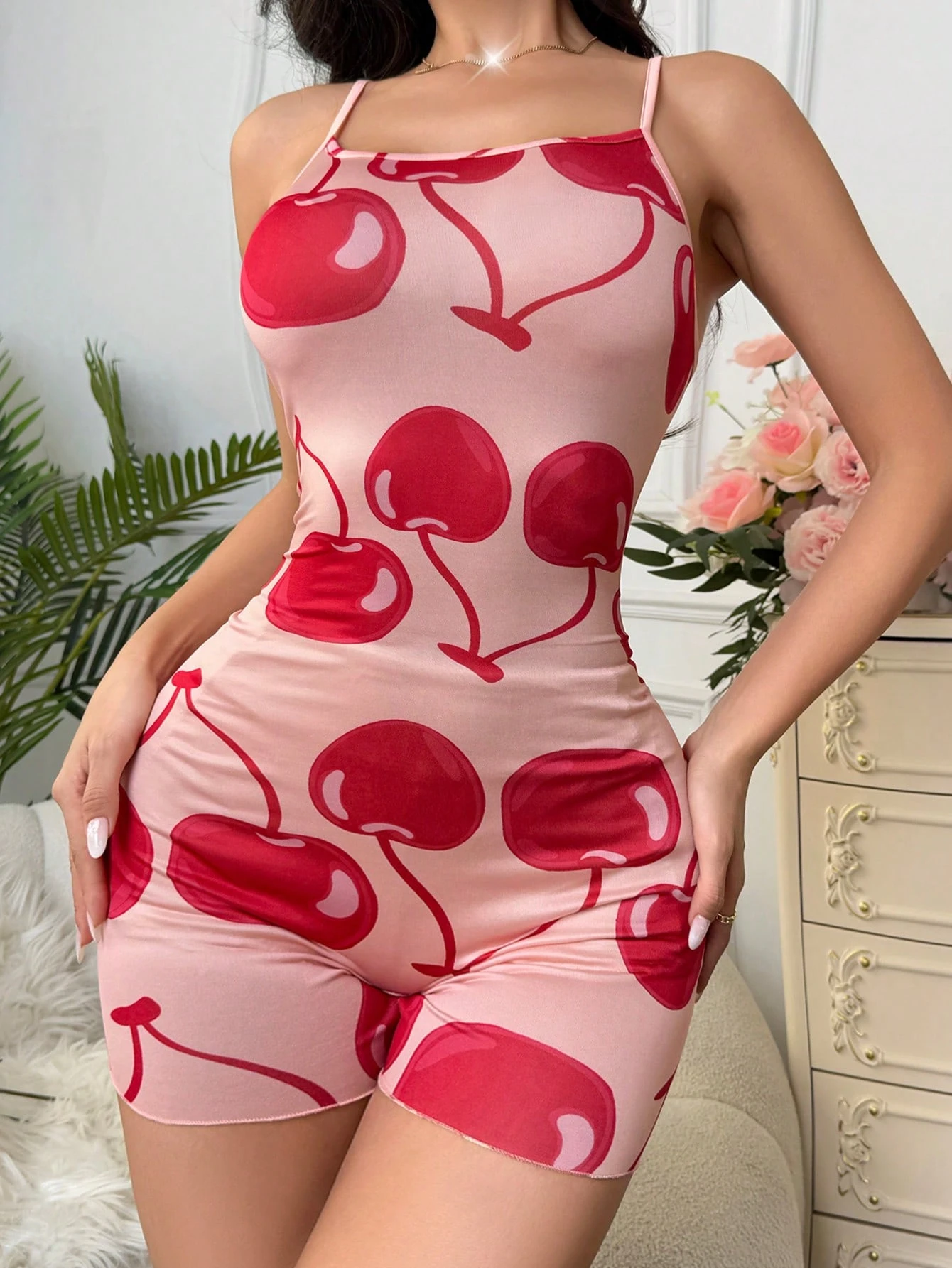 sweetslumber طقم بيجامات بحمالات وبرينت الكرز للسيدات بطراز ins 3