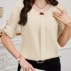 shein clasi بلوزة نسائية بياقة دائرية وأكمام قصيرة وأزرار أمامية سادة، بسيطة وكاجوال للارتداء اليومي 6