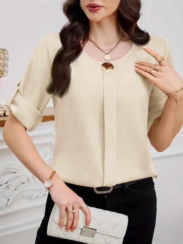 shein clasi بلوزة نسائية بياقة دائرية وأكمام قصيرة وأزرار أمامية سادة، بسيطة وكاجوال للارتداء اليومي 6
