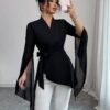 elenzga بلوزة شيفون أنيقة للتنقل مع أكمام غير متماثلة فرنسية وخصر مربوط elenzga بلوزة شيفون أنيقة للتنقل مع أكمام غير متماثلة فرنسية وخصر مربوط