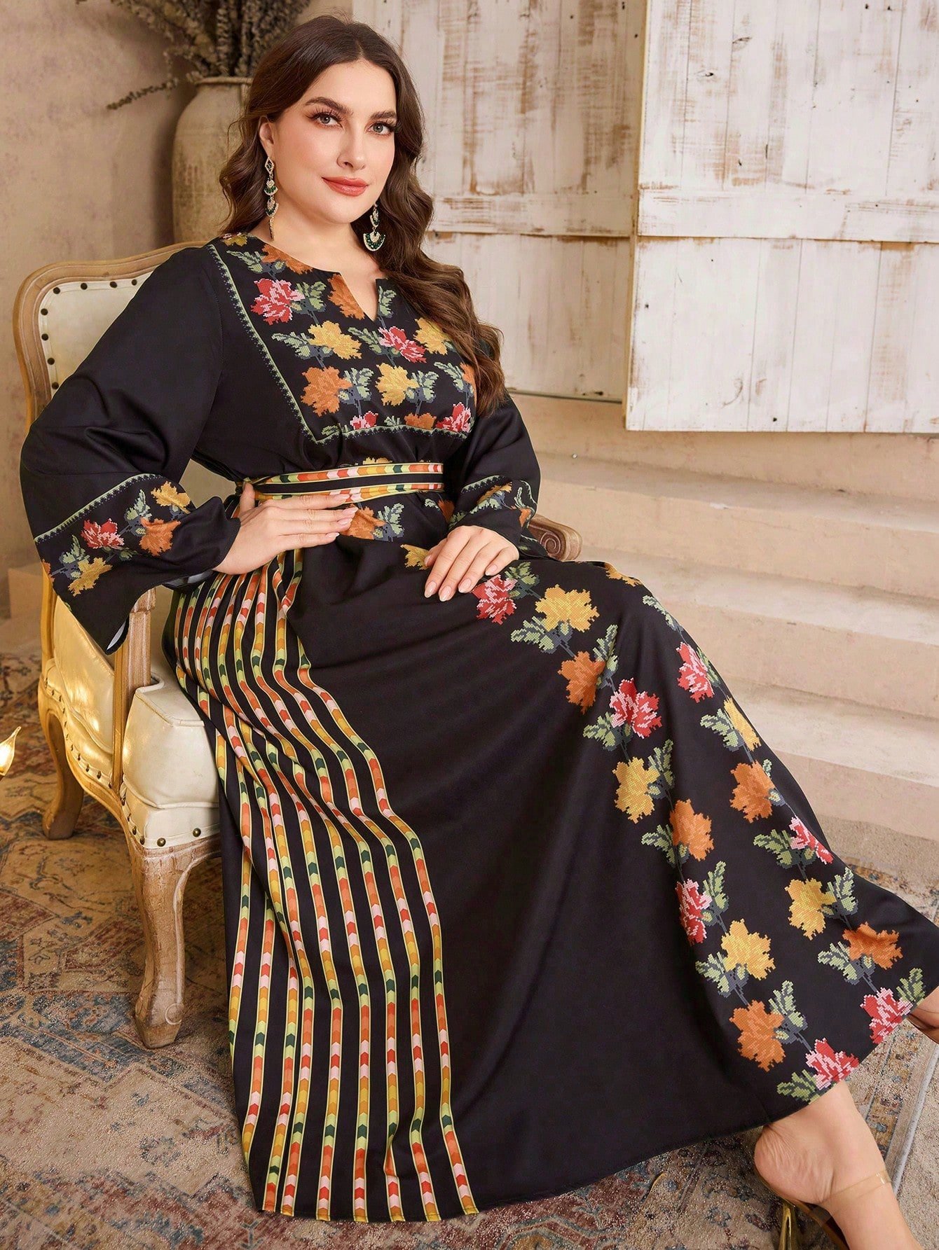 al najma فستان بوهو أنيق للمرأة ذو رقبة على شكل حرف v مطبوع بطبعات الأزهار, أكمام كرارة, خصر مربوط , مقاسات كبيرة محتشم 1