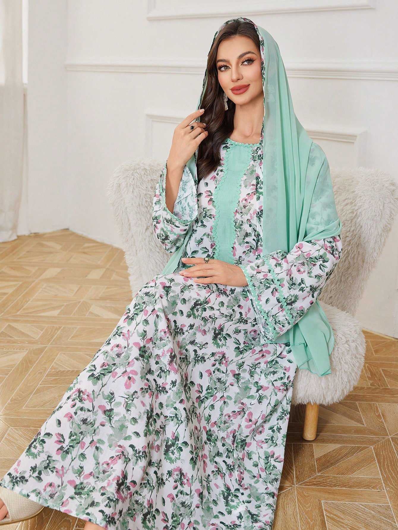 shein najma فستان ربيعي أنيق بأكمام طويلة وياقة دائرية، بطبعات رقمية أنيقة من الزهور والنباتات والأشكال الهندسية، بطراز عربي 4