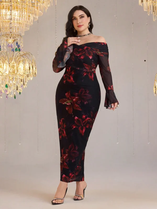 modelyn فستان أنيق للنساء ذوات الأحجام الكبيرة، باكتاف مكشوفة وأكمام مناسدة، مزخرف بطبعات زهور 5