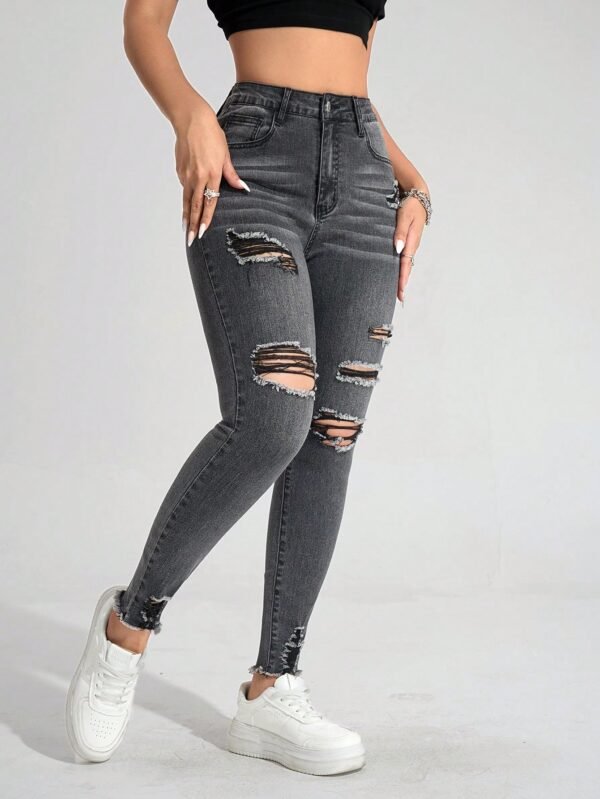shein essnce بنطلون جينز نحيل خصر عالي ممزق تأثير الشارب shein essnce بنطلون جينز نحيل خصر عالي ممزق تأثير الشارب
