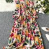 shein franclia فستان طويل مزرر أنيق للنساء بياقة حرف v مزخرف بالزهور وأكمام طويلة وحزام، ملابس النساء الكبيرة الحجم 1