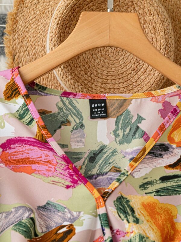 shein franclia فستان طويل مزرر أنيق للنساء بياقة حرف v مزخرف بالزهور وأكمام طويلة وحزام، ملابس النساء الكبيرة الحجم 7