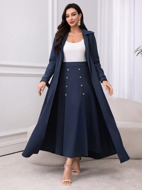 modelyn مجموعة بيزة للنساء مكونة من: معطف طويل الأكمام وسترة خفيفة من القماش الصلب، وتنورة خطوة مزدوجة الصدر. مجموعة أنيقة مكونة من قطعتين 1