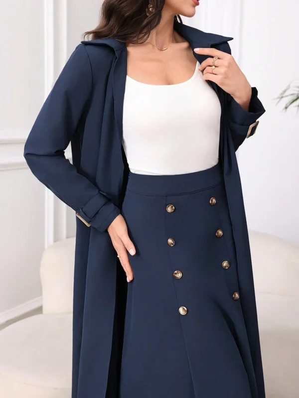 modelyn مجموعة بيزة للنساء مكونة من: معطف طويل الأكمام وسترة خفيفة من القماش الصلب، وتنورة خطوة مزدوجة الصدر. مجموعة أنيقة مكونة من قطعتين 4