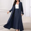 modelyn مجموعة بيزة للنساء مكونة من: معطف طويل الأكمام وسترة خفيفة من القماش الصلب، وتنورة خطوة مزدوجة الصدر. مجموعة أنيقة مكونة من قطعتين 5