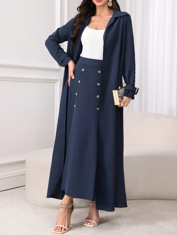 modelyn مجموعة بيزة للنساء مكونة من: معطف طويل الأكمام وسترة خفيفة من القماش الصلب، وتنورة خطوة مزدوجة الصدر. مجموعة أنيقة مكونة من قطعتين 8