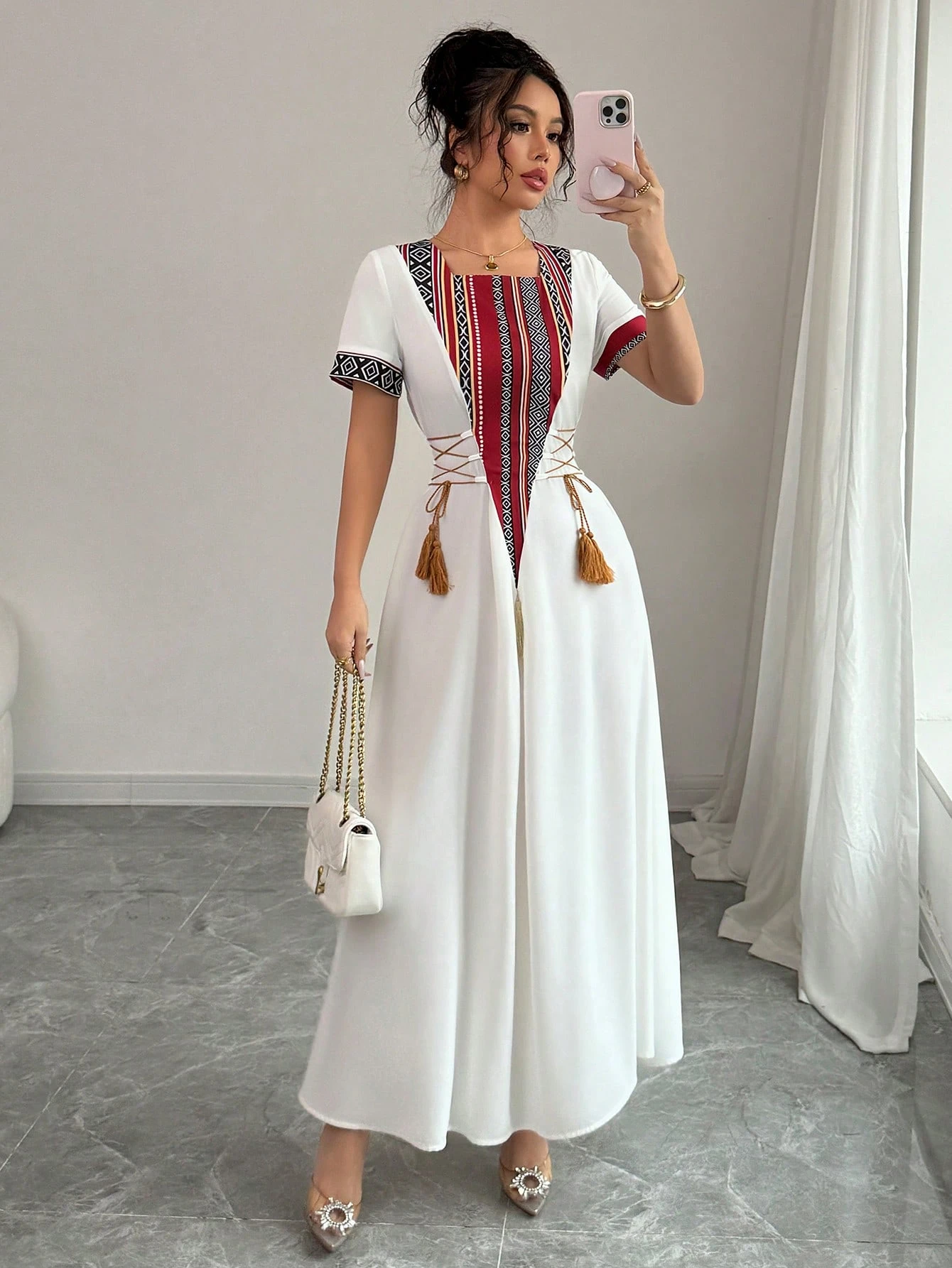 rafferiza فستان أنيق متوسط الطول على شكل خط a من النمط الريفي المتواضع، ذو أكمام طاقم وربطة عند الخصر، من قماش معكوس بطبعات رجعية 2