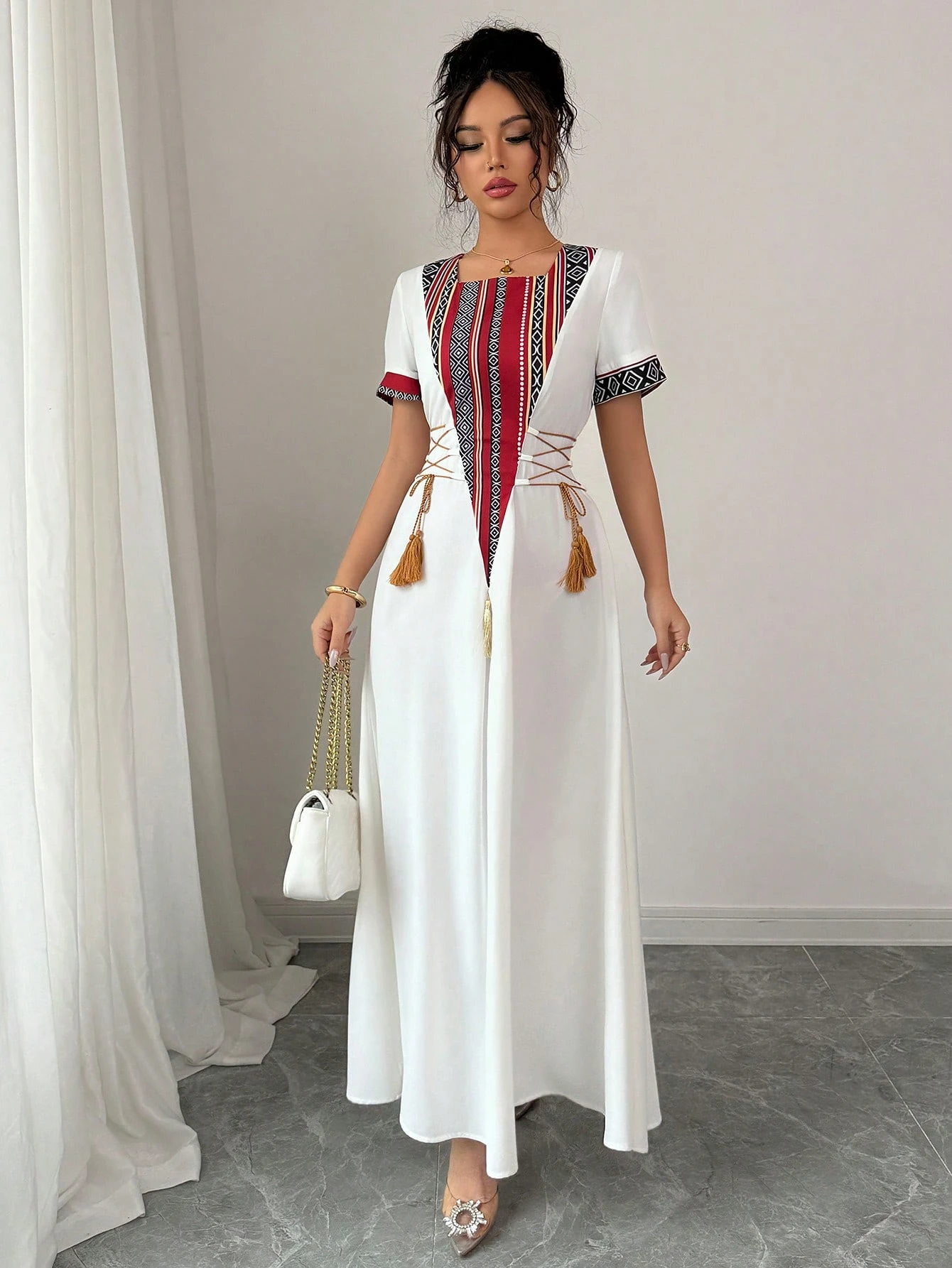 rafferiza فستان أنيق متوسط الطول على شكل خط a من النمط الريفي المتواضع، ذو أكمام طاقم وربطة عند الخصر، من قماش معكوس بطبعات رجعية 5