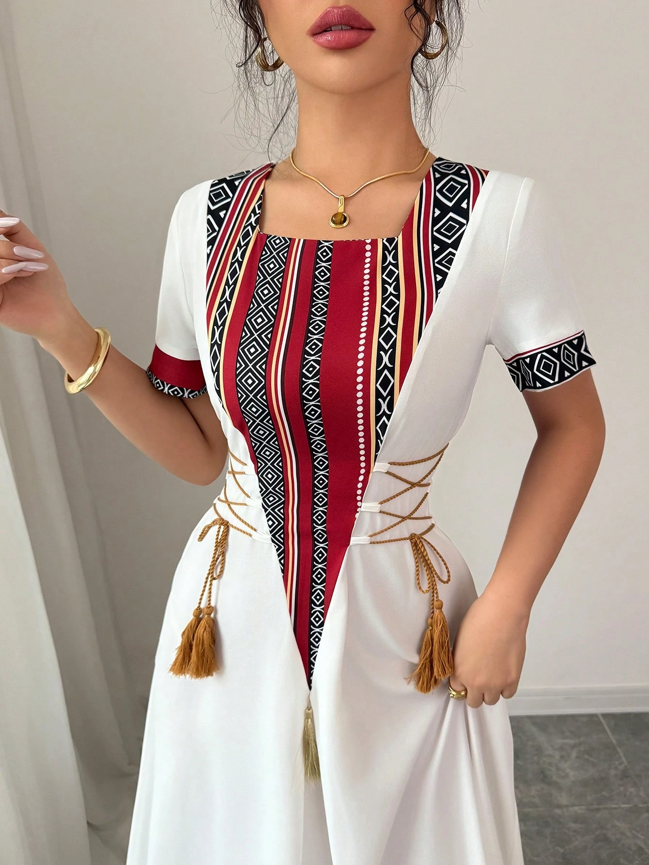 rafferiza فستان أنيق متوسط الطول على شكل خط a من النمط الريفي المتواضع، ذو أكمام طاقم وربطة عند الخصر، من قماش معكوس بطبعات رجعية 6
