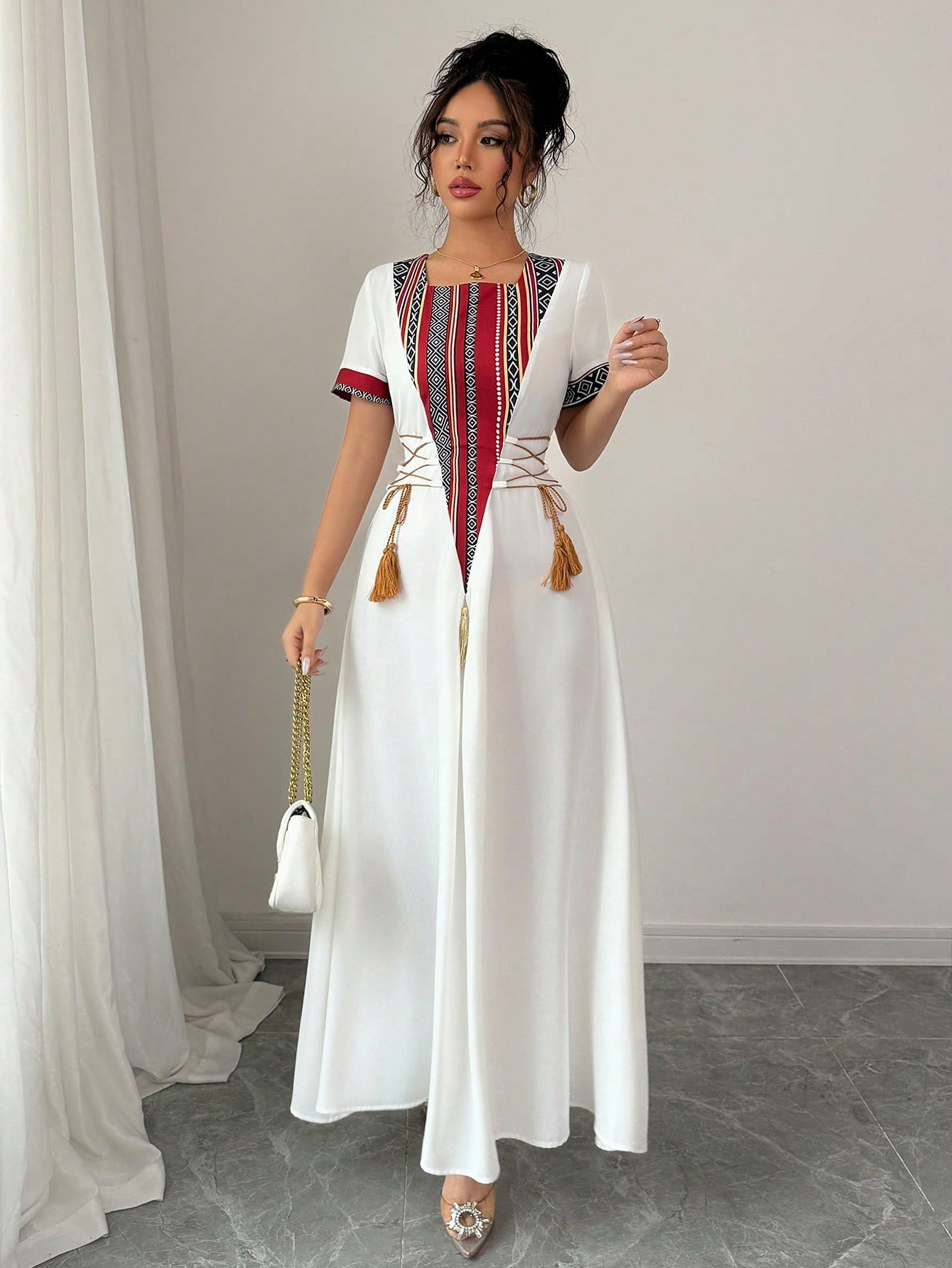 rafferiza فستان أنيق متوسط الطول على شكل خط a من النمط الريفي المتواضع، ذو أكمام طاقم وربطة عند الخصر، من قماش معكوس بطبعات رجعية rafferiza فستان أنيق متوسط الطول على شكل خط a من النمط الريفي المتواضع، ذو أكمام طاقم وربطة عند الخصر، من قماش معكوس بطبعات رجعية