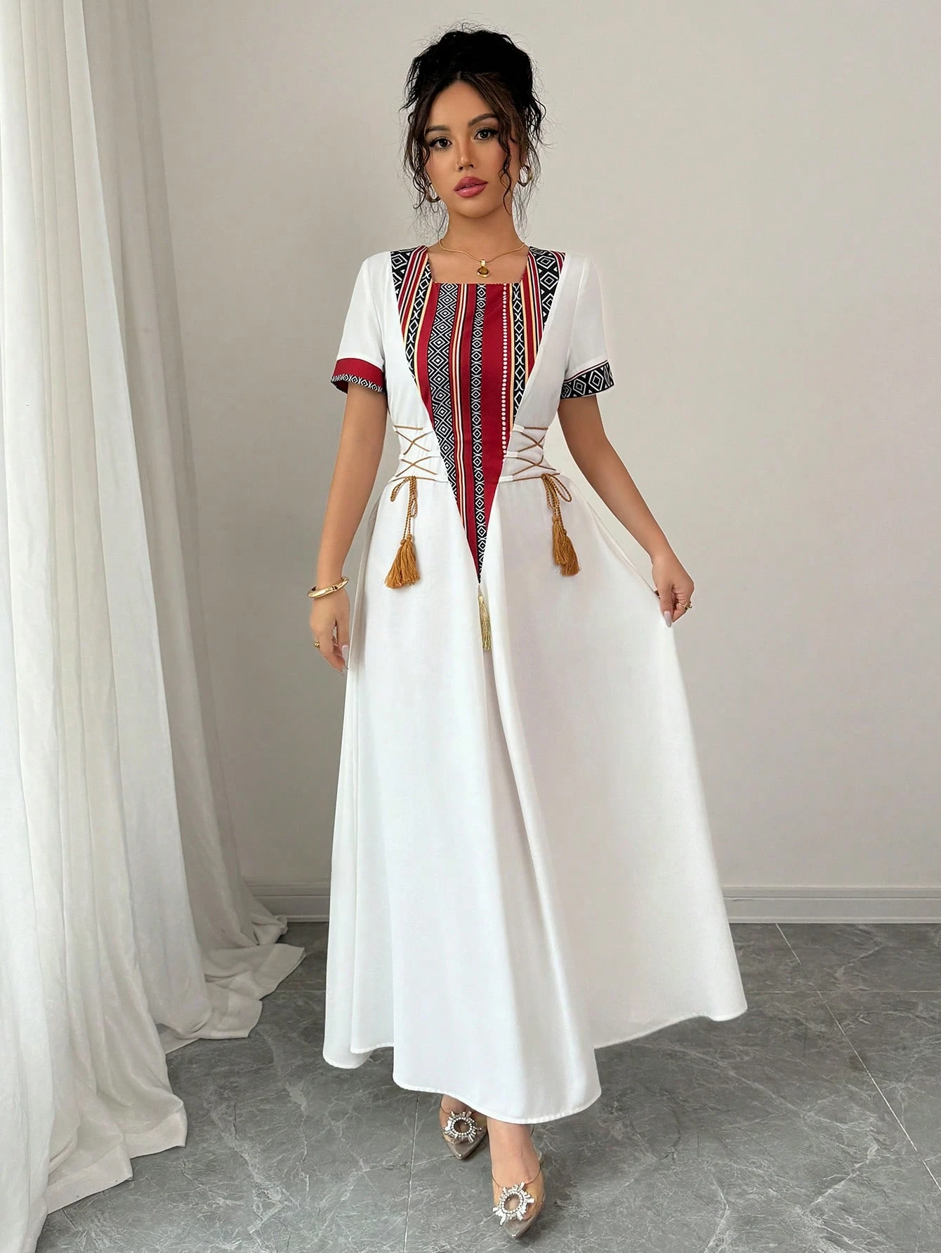 rafferiza فستان أنيق متوسط الطول على شكل خط a من النمط الريفي المتواضع، ذو أكمام طاقم وربطة عند الخصر، من قماش معكوس بطبعات رجعية 7