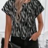 shein clasi ربطة عنق فراشة، بلوزة فضفاضة بطبعات هندسية مخططة للنساء، صيفي
