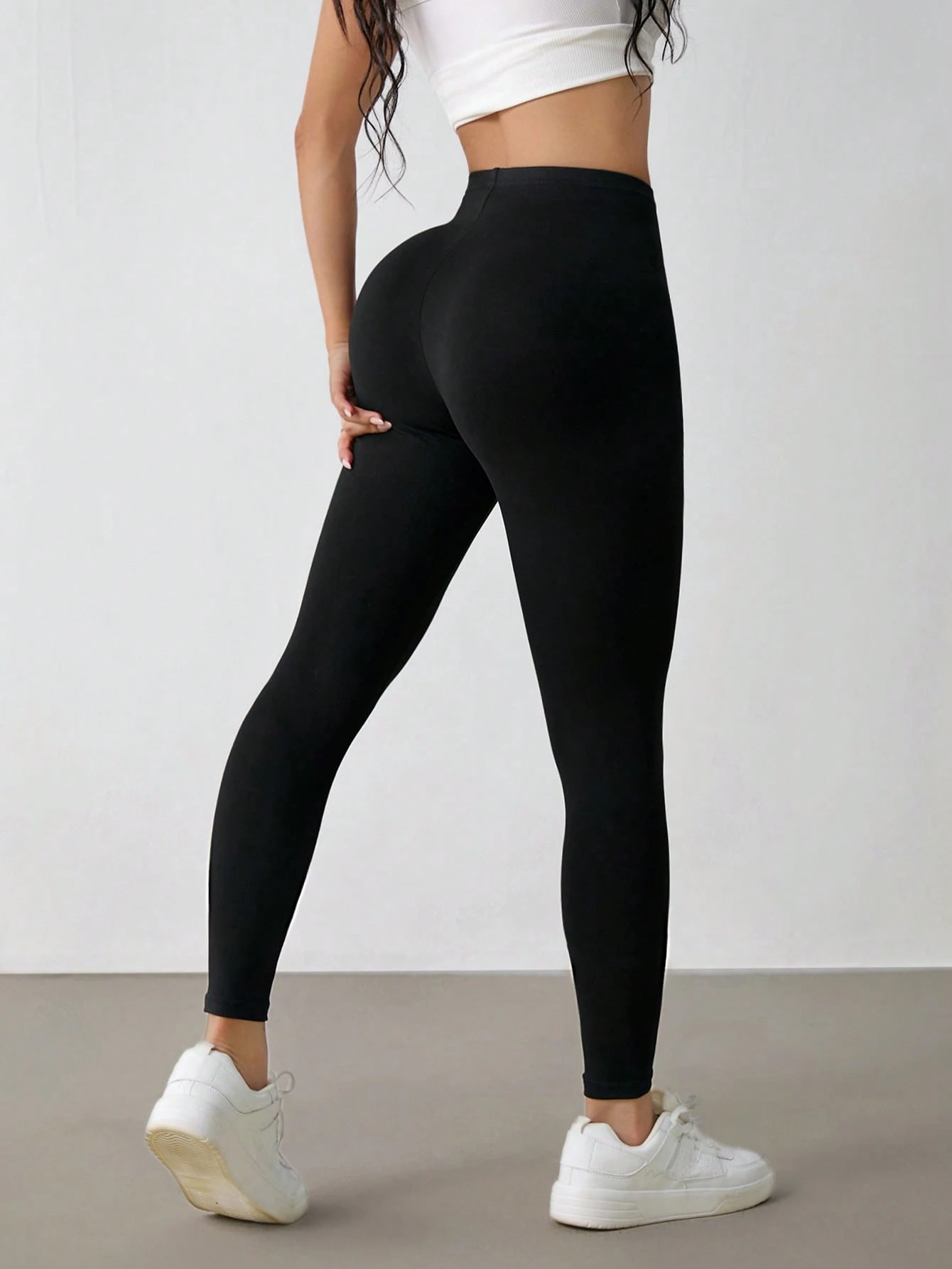 shein petite بنطلون رياضي كاجوال مرتفع الخصر مطاطي أحادي اللون للسيدات 2