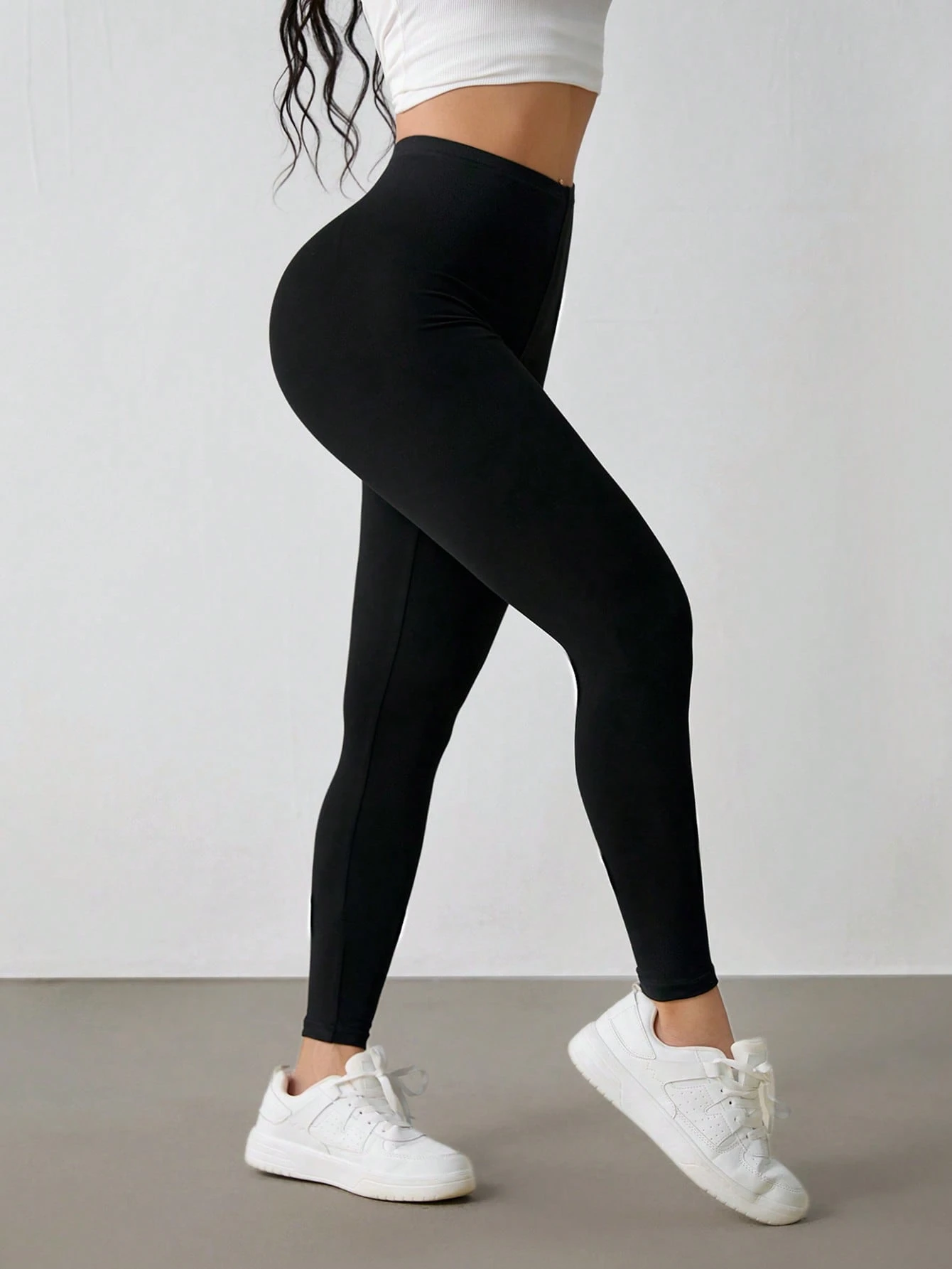 shein petite بنطلون رياضي كاجوال مرتفع الخصر مطاطي أحادي اللون للسيدات 4