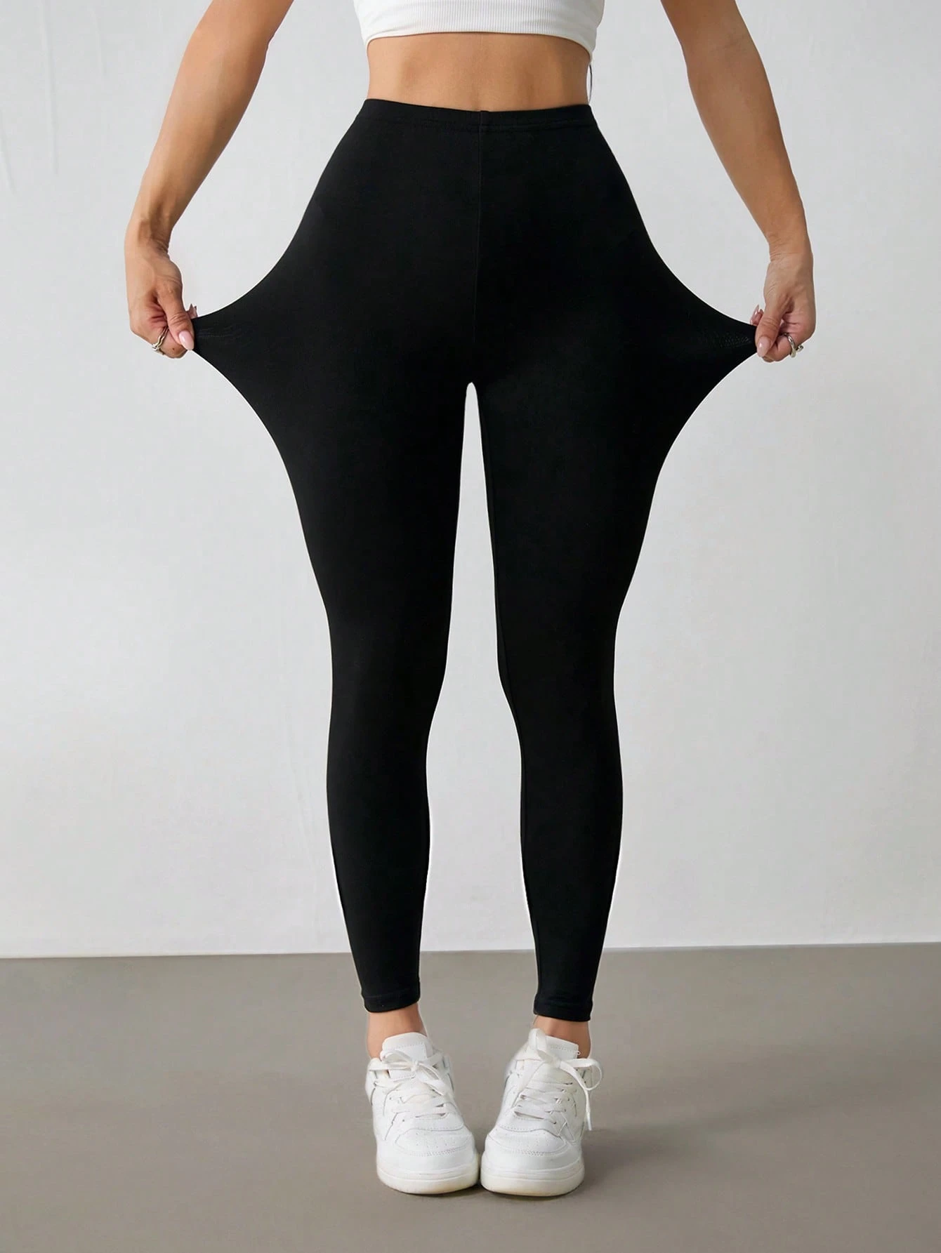 shein petite بنطلون رياضي كاجوال مرتفع الخصر مطاطي أحادي اللون للسيدات 6