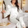 luxenights مجموعة بيجامة نسائية مكونة من قطعتين، مزينة بتفاصيل من الدانتيل، ملابس شتوية مريحة وأنيقة 6