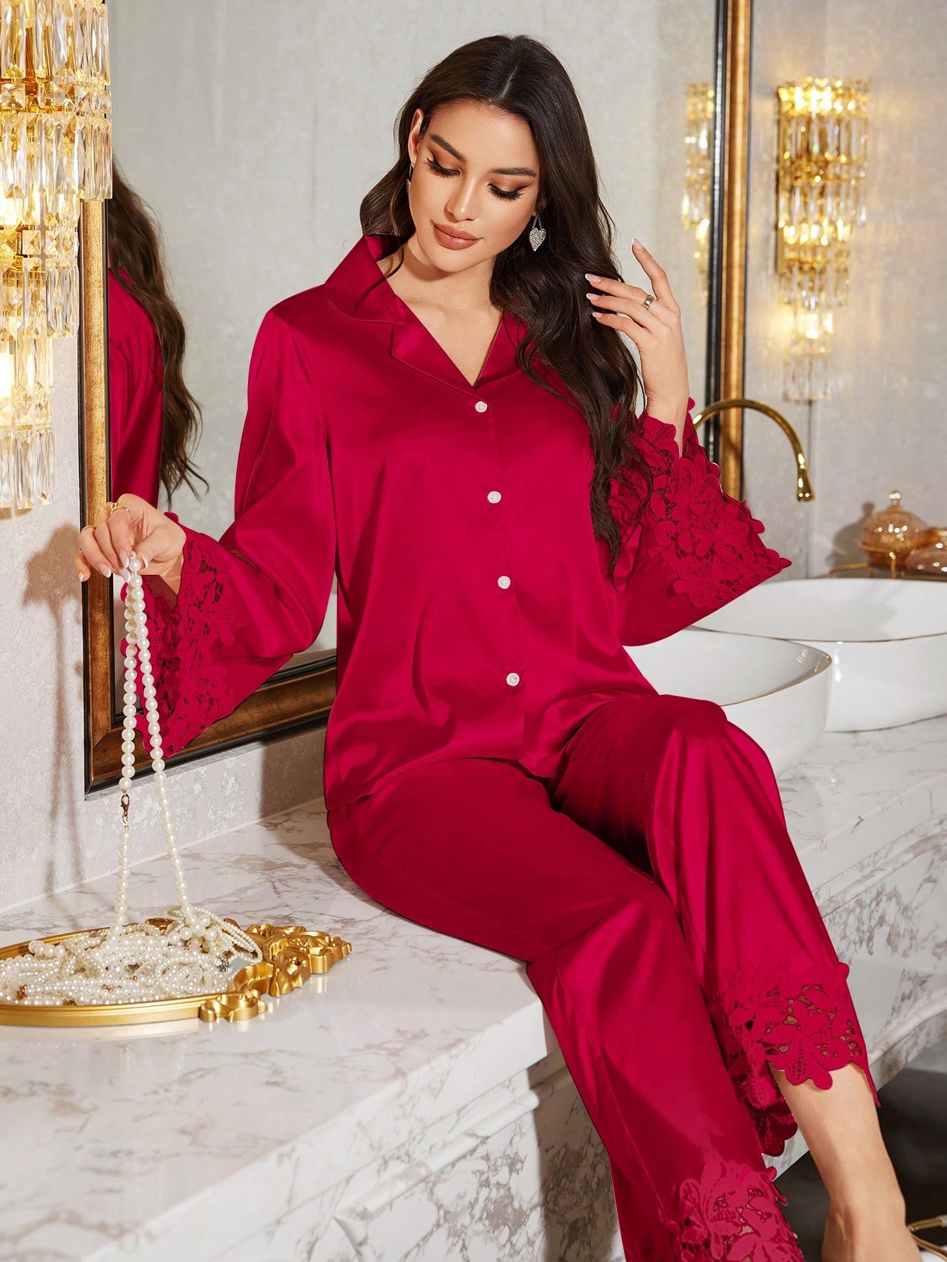 luxenights مجموعة بيجامة نسائية مكونة من قطعتين، مزينة بتفاصيل من الدانتيل، ملابس شتوية مريحة وأنيقة 1