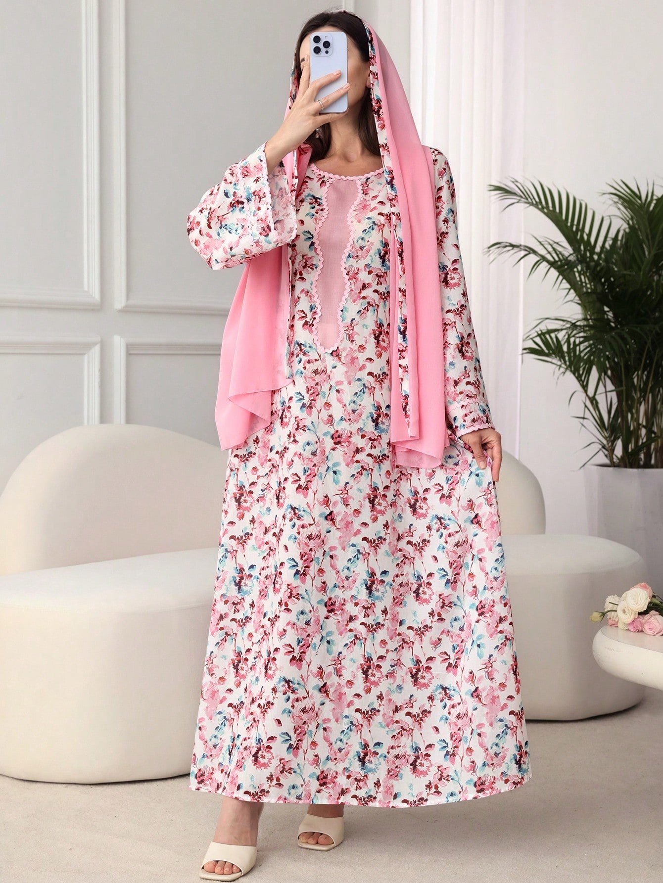 shein najma فستان ربيعي أنيق بأكمام طويلة وياقة دائرية، بطبعات رقمية أنيقة من الزهور والنباتات والأشكال الهندسية، بطراز عربي 15