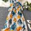 shein franclia فستان طويل مزرر أنيق للنساء بياقة حرف v مزخرف بالزهور وأكمام طويلة وحزام، ملابس النساء الكبيرة الحجم 2