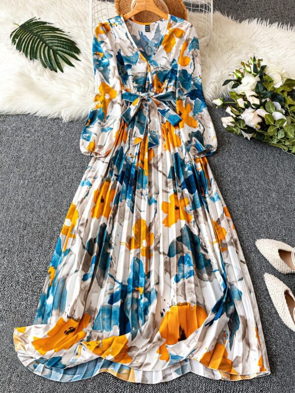 shein franclia فستان طويل مزرر أنيق للنساء بياقة حرف v مزخرف بالزهور وأكمام طويلة وحزام، ملابس النساء الكبيرة الحجم 2