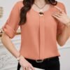 shein clasi بلوزة نسائية بياقة دائرية وأكمام قصيرة وأزرار أمامية سادة، بسيطة وكاجوال للارتداء اليومي 11
