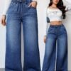 shein tall بنطلون جينز للنساء عالي الخصر رحب الساق أزرق ملابس صيفية للنساء، جينز ذو خصر مطاطي، بنطلون جينز فضفاض مستقيم للاستخدام اليومي