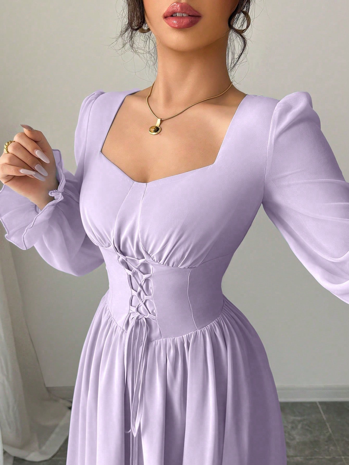 modelyn فستان أنيق بخصر عالي واكمام متدلية على الطراز الفرنسي للنساء 33