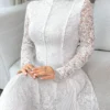 feyla فستان نسائي طويل الأكمام أنيق بلون واحد مع تطريز الدانتيل والطيات 16