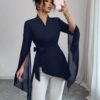 elenzga بلوزة شيفون أنيقة للتنقل مع أكمام غير متماثلة فرنسية وخصر مربوط 2