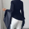 elenzga بلوزة شيفون أنيقة للتنقل مع أكمام غير متماثلة فرنسية وخصر مربوط 4