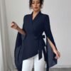 elenzga بلوزة شيفون أنيقة للتنقل مع أكمام غير متماثلة فرنسية وخصر مربوط 5