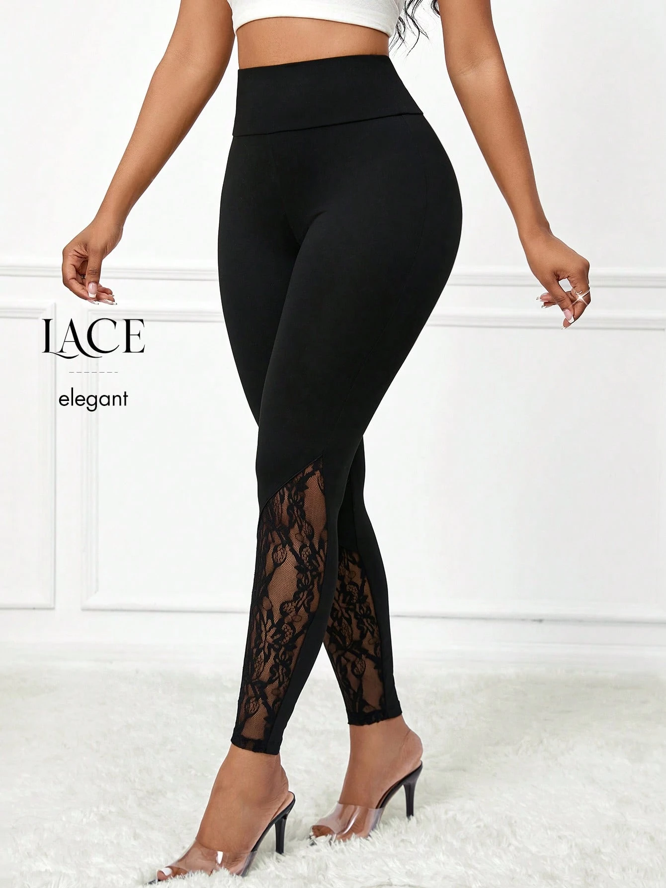 shein lady سروال ضيق نسائي ذو وسط مرتفع، مصنوع من لباد الدانتيل الأنيق 13