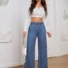 emery rose بنطلون جينز نسائي ذو خصر مرتفع فضفاض واسع الساق، قماش محبوك، ملائم للجميع باللون الأسود للاستخدام على مدار السنة 14