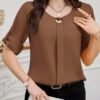 shein clasi بلوزة نسائية بياقة دائرية وأكمام قصيرة وأزرار أمامية سادة، بسيطة وكاجوال للارتداء اليومي 5